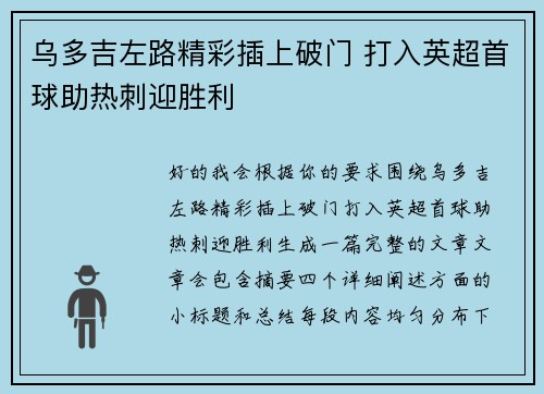乌多吉左路精彩插上破门 打入英超首球助热刺迎胜利 乌多吉左路精彩插上破门 打入英超首球助热刺迎胜利